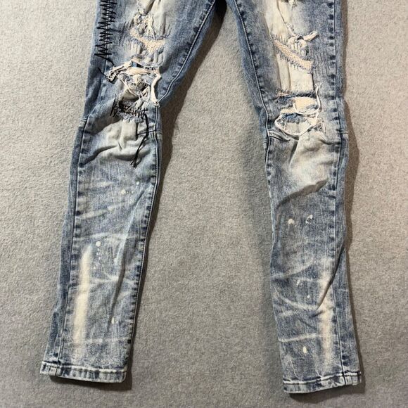 Smoke Rise Jeans Mens 32x32 Tie Die Ripped Slim Fit Distressed Washed Blue Logo - Picture 5 of 16